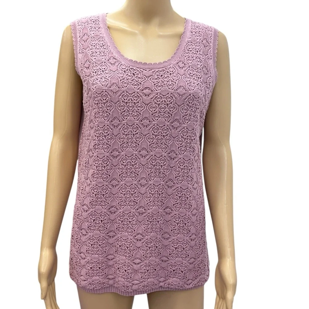Vintage Cotton Maggie Sweet Sleeveless Knit Scalloped Scoop Neck Top Womens M